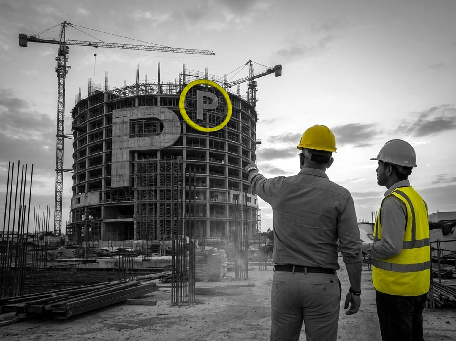 Dos trabajadores con casco observando una obra de construcción en altura